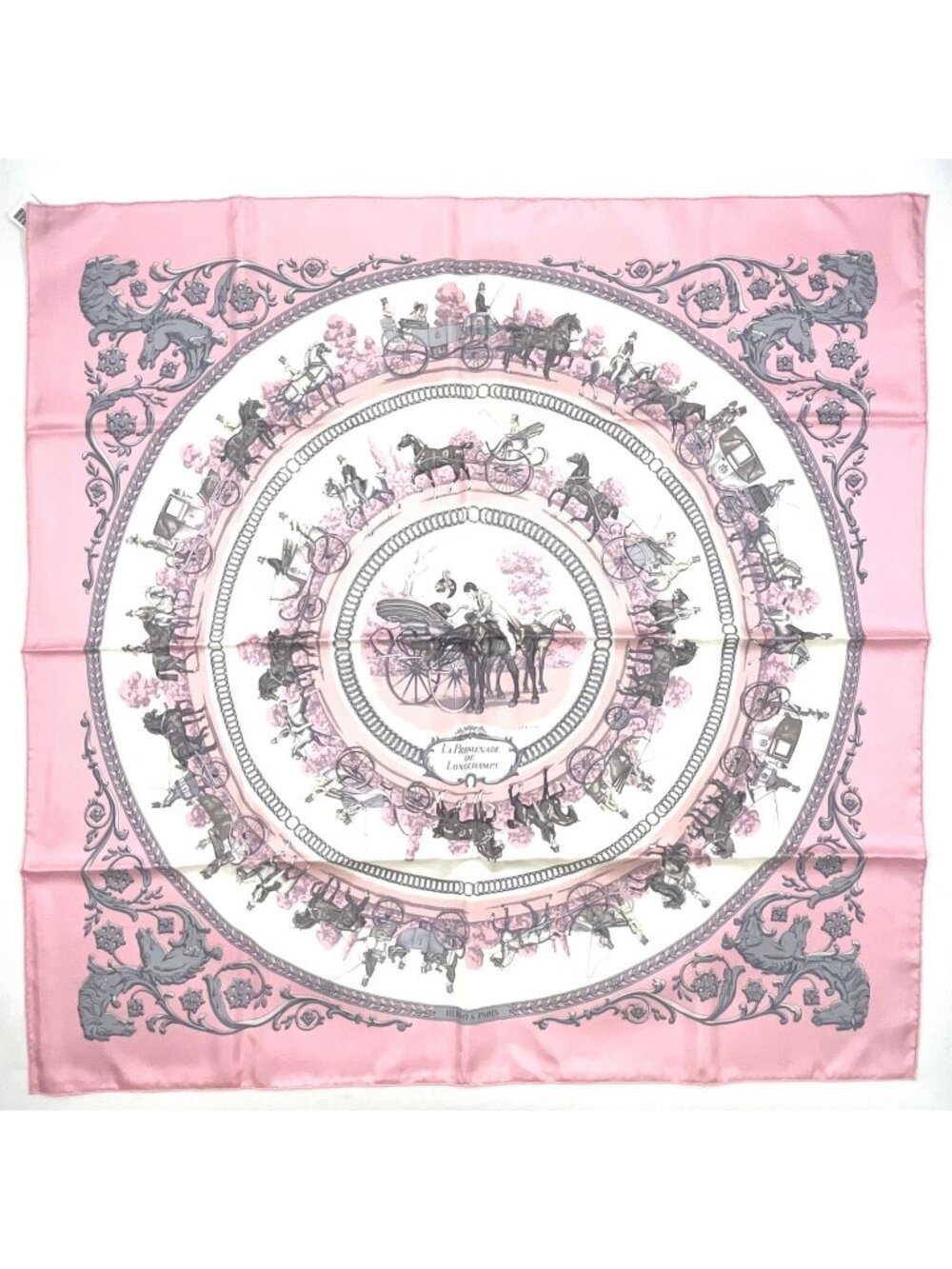 Hermes Walk to Long Chien Carre 90 Silk Gray Pink White Scarf